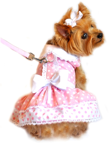 Doggie Design - Pink Polka Dot and Lace Harness Dress with Matching Leash - This adorable Pink Polka Dot and Lace Harness Dog Dress comes with a matching Leash.  Velcro closures.  D-ring below collar, above large white bow.