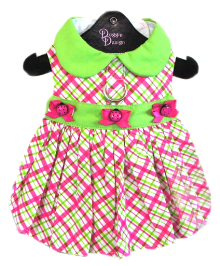 Doggie Design - Plaid Lady Bug Harness Dress - Too cute!!!  Made from a high quality cotton blend fabric in Lime and Hot Pink.  Waistband embellished with tiny bows and ladybug buttons in the center.  Re-enforced D-Ring for easy leash attachment.  High Quality Heavy Duty Hook and Loop Closures and High Strength D-Rings make it possible to "Pick Your Dog Up by the leash" and keep them from harms way.