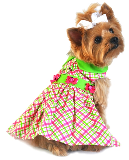 Doggie Design - Plaid Lady Bug Harness Dress - Too cute!!!  Made from a high quality cotton blend fabric in Lime and Hot Pink.  Waistband embellished with tiny bows and ladybug buttons in the center.  Re-enforced D-Ring for easy leash attachment.  High Quality Heavy Duty Hook and Loop Closures and High Strength D-Rings make it possible to "Pick Your Dog Up by the leash" and keep them from harms way.