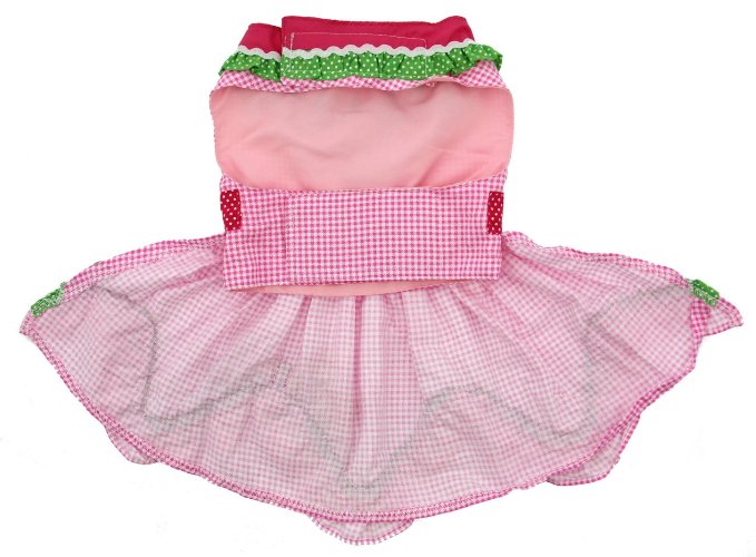 Doggie Design - Watermelon Harness Dress - Features D-Ring, Embroidered Seed Collar with Ric-Rac and Ruffle, Coordinating Pink Polka Dot Bow and Waistband, and adorable Ruffle Skirting.  Velcro closures at neckline and belly.