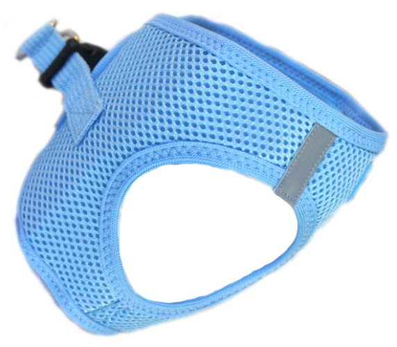 Doggie Design - American River Ultra Choke-Free Harness - Light Blue - The American River Choke Free Dog Harness is the same Patented Design as our Ultra USA Choke Free Harness, but with a few different cosmetic changes. WHAT Makes the Ultra Choke Free Patented Design Unique from other Dog Harnesses? Trachea Safe - Choke Free Patented Design Pulls from the Chest ONLY. Patented Conforming Shape Fit Seam Technology - Causes harness to conform to Dogs Chest curve. Patented Closure Slide Adjustability (Other copy cat harnesses have little or no size adjustment), Our 3 Inch Webbing allows for 3 Inches of Size Adjustment. Double D-Ring Adds Strength. Same Color trim binding as the mesh. Safe Night Walking Reflective strips. Zig Zag Trim Binding Stitch - Prevents Missed Stitches and creates a Super Strong BOND. Safety - The Ultra is the perfect design for use as a Seat Belt Harness, PULLS from the Chest, not the Neck. Double Safety Closure - Velcro and High Strength Plastic Side Release Buckle. Simple Step-in, Wrap Up and Go Design. Soft Mesh Polyester / Machine Wash and Line Dry.