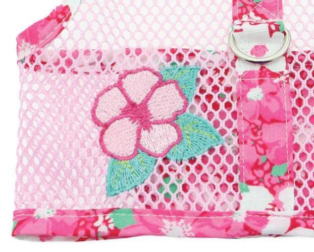 Doggie Design's new Hawaiian Cool Mesh Harness line features an Pink Hibiscus Flower Applique. Very Lightweight for hot summer days.  