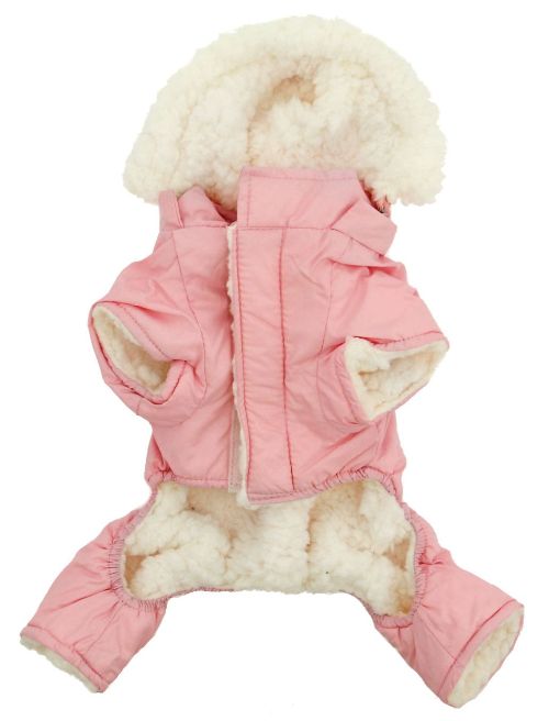 Doggie Design - Pink Ruffin It Snowsuit - Keep your furbaby warm, cuddly, and dry on those cold winter days.  Fully lined with soft and thick faux sherpa fleece.  Outer shell is made from a soft, flexible water repellant polyester/nylon blended fabric, with the words "Ruffin It" silkscreened on the back.  Removable hood.  D-ring.