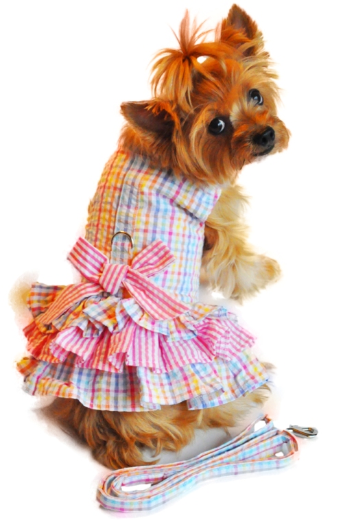 Doggie Design - Pink Seersucker Ruffled Harness Dress with Matching Leash
