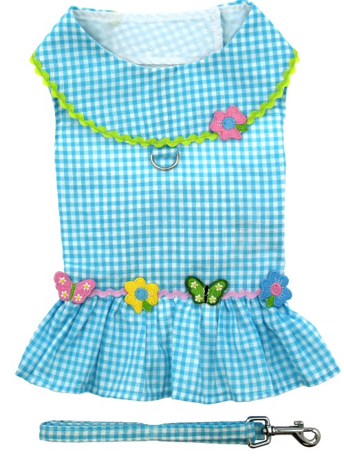 Doggie Design - Turquoise Gingham Flower Harness Dress with Matching Leash