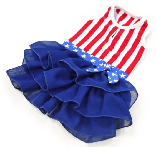 DOGO Design - American Girl Dress - USA Red, White, and Blue!  Good old American flag design with added spice.  Detailed star belt with bow and multi-layered ruffled navy blue skirt.  Leash hole.