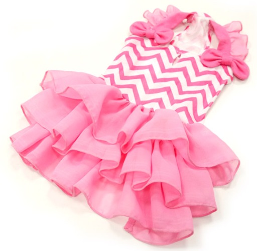 DOGO Design - Chevron Dress - Chevron patterned dress with 3-tier layered ruffled skirt and ruffled shoulder straps accented with bows. Leash hole.
