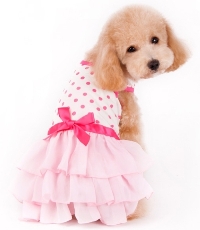 DOGO Design - Dot N Ruffle Dress - Bright and princess style look featuring polka dot patter with pretty ruffles complege with sweet pink bow. She is sure to be the center of attention. Stretch cotton bodice with convenient leash hole. 