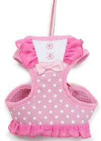 DOGO - EasyGo BowDots Step-In Harness with Leash - Polka dot with ruffle trims accented with a bowtie all pretty in pink!  The best all-in-one soft harness.  Easy, safe, and comfortable to wear.  It features buckless step-in design that is secured by a simple slide down clip.  Matching leash is included with every EasyGO!