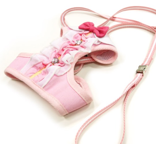 DOGO - EasyGo Ruffle Step-In Harness with Leash - Pretty ruffle with rhinestones and a pink bow.  The best all-in-one soft harness.  Easy, safe, and comfortable to wear.  It features buckless step-in design that is secured by a simple slide down clip.  Matching leash is included with every EasyGO!