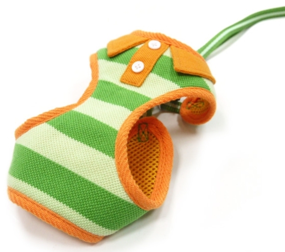 DOGO Design - EasyGo Polo Green Step-In Harness with Leash - Green stripes with orange trim polo shirt styled collar and buttons.  The best all-in-one soft harness.  Easy, safe, and comfortable to wear.  It features buckle-less step-in design that is secured by a simple slide down clip.  Matching lead is included with every EasyGO!