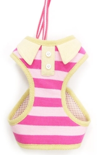 DOGO Design - EasyGo Polo Pink Step-In Harness with Leash.  Stripe color with Polo shirt styled collar and buttons.  The best all-in-one soft harness.  Easy, safe, and comfortable to wear.  It features buckle-less step-in design that is secured by a simple slide down clip.  Matching lead is included with every EasyGO!