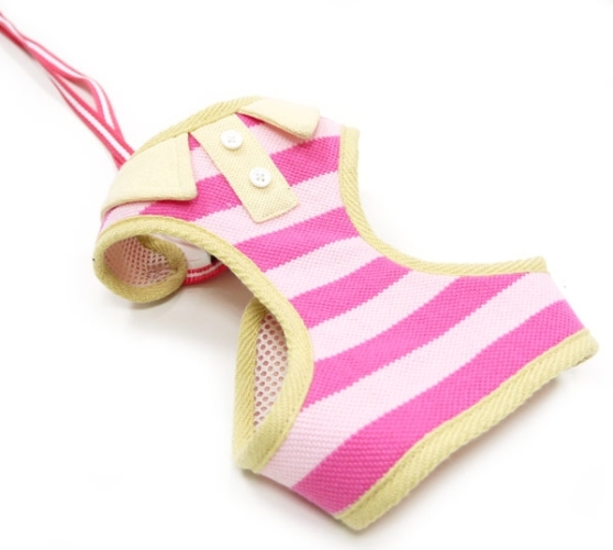 DOGO Design - EasyGo Polo Pink Step-In Harness with Leash.  Stripe color with Polo shirt styled collar and buttons.  The best all-in-one soft harness.  Easy, safe, and comfortable to wear.  It features buckle-less step-in design that is secured by a simple slide down clip.  Matching lead is included with every EasyGO!