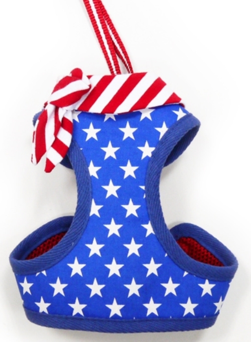 DOGO - EasyGo USA Step-In Harness with Leash - American Flag themed with stars and stripes accented with a sailor tie.  The best all-in-one soft harness.  Easy, safe, and comfortable to wear.  It features buckless step-in design that is secured by a simple slide down clip.  Matching lead is included with every EasyGO!