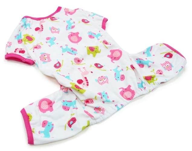 DOGO Design - Pajamas in Zoo Pink - Bedtime has never looked better with 4 legged coverage and cute animal graphics.  Leash hole makes these PJs great for outdoor walks.  Stay cozy in air conditioned room.  100% Cotton.  Leash hole.