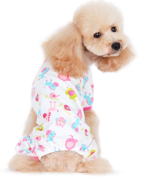 DOGO Design - Pajamas in Zoo Pink - Bedtime has never looked better with 4 legged coverage and cute animal graphics.  Leash hole makes these PJs great for outdoor walks.  Stay cozy in air conditioned room.  100% Cotton.  Leash hole.