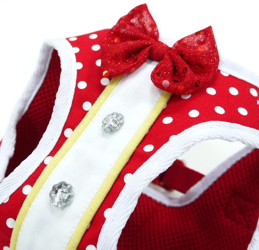 DOGO Snap Go Mini Dots Harness - Polka dotted design accented with red bowtie and decorative rhinestone buttons.  SnapGO is a soft vest styled harness.  Step in, snap the buckle, adjust girth tightness with Velcro closure, attach the lead to two D rings and GO!