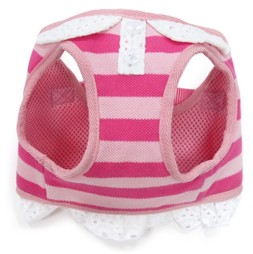DOGO Design - SnapGO Polo Girl Pink Harness - Stripe design with polo shirt like collar, decorative buttons.  Eyelet collar, button placket, and ruffle trim.  SnapGO is a soft vest styled harness.  Step in, snap the buckle, adjust girth tightness with Velcro closure, attach the lead to two D rings and GO! 