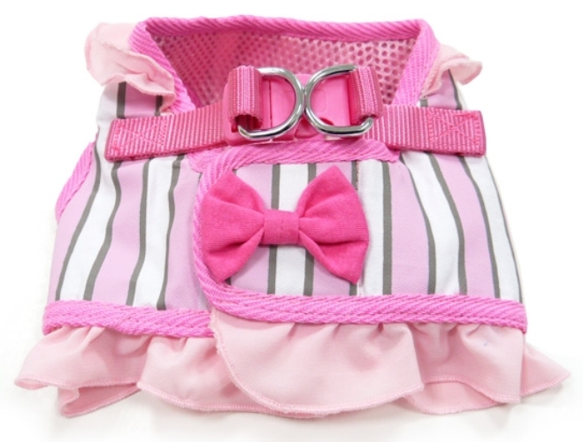 DOGO Design - SnapGo Sweetbow Lady Harness - Striped vest style with ruffle around the neckline & bottom of bodice.  Pearl buttons down the front, and a sweet bow on front and back.  SnapGO is a soft vest styled harness.  Step in, snap the buckle, adjust girth tightness with Velcro closure, attach your lead to two D rings and GO!