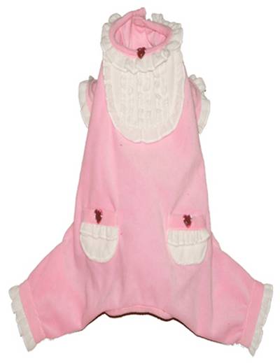 Hip Doggie - Pink Sweety Jumper - Stretch velvet onesy with ruffles and heart designs. Sparkly button at neck.  Velcro closures.