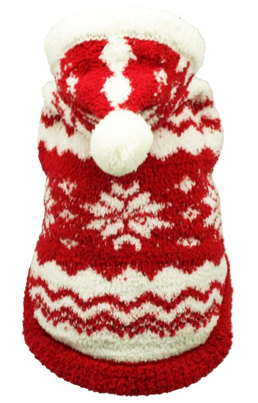 Hip Doggie - Red Snowflake Hoodie Sweater - Comfy and soft, warm sleeveless hooded sweater with pompom on hood.  Wash in cold water, hang to dry.