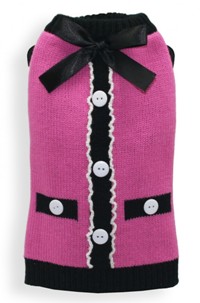 Hip Doggie - The Socialite Pink Cardigan - Perfect for that little socialite!   This super cute classic pink cardigan has buttons and a bow to complete the "Breakfast at Tiffany's" look!  Conservative and sophisticated.