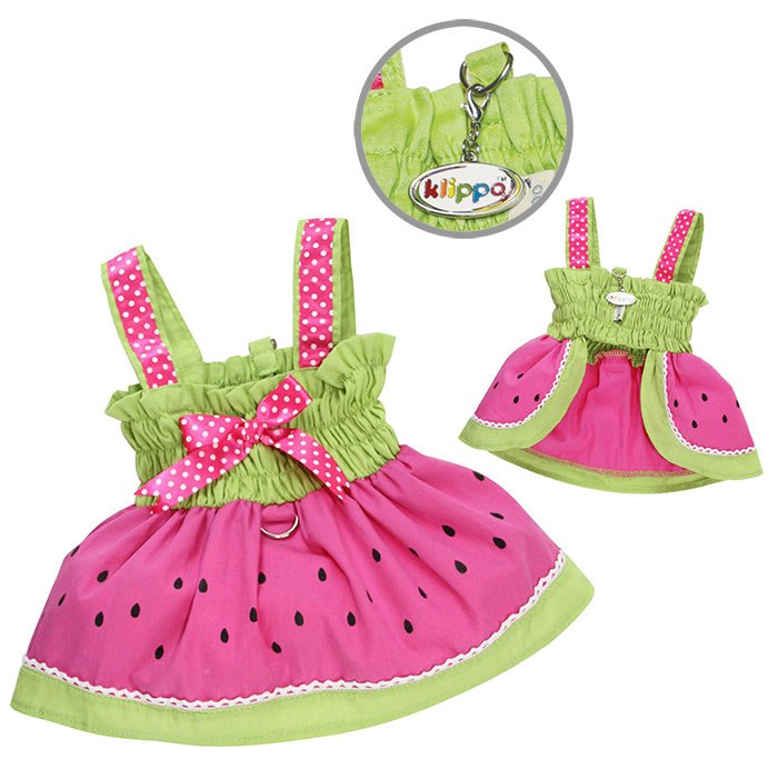 Klippo Pet - Juicy Watermelon Sundress with D-Ring - Adorable and juicy watermelon sundress with attached large D-ring for easy leash attachment!  Accented with hot pink ribbon with white polka dots on the shoulder straps and a matching bow on the back.  A small D-Ring attached near the neck area to add on a "Klippo" charm or ID tag! (Each outfit comes in its own Klippo logo charm.).