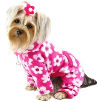 Klippo - Full Blossom Turtleneck Fleece PJs Bodysuit - Beautiful flower print in soft fleece - can be worn as PJs or bodysuit.  Extended collar can be worn as a turtleneck or folded down.  Extended sleeves for dogs with longer legs (can be folded up for shorter legs).  A functional pocket on the back and an attached large D-ring for easy leash attachment.  A small D-Ring near the neckline for a "Klippo" charm or ID tag.
