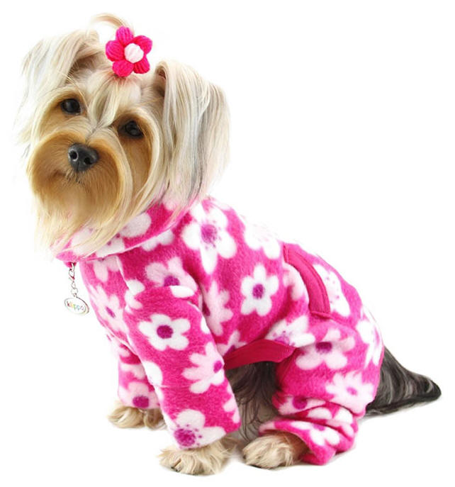 Klippo - Full Blossom Turtleneck Fleece PJs Bodysuit - Beautiful flower print in soft fleece - can be worn as PJs or bodysuit.  Extended collar can be worn as a turtleneck or folded down.  Extended sleeves for dogs with longer legs (can be folded up for shorter legs).  A functional pocket on the back and an attached large D-ring for easy leash attachment.  A small D-Ring near the neckline for a "Klippo" charm or ID tag.