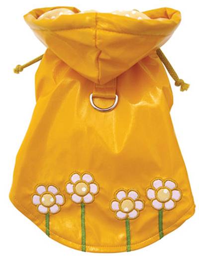 Klippo Polka Dots and Daisies Hooded Raincoat - Hooded raincoat with daisies on the back, and a soft cotton lining accented with white polka dots.   Velcro strips around each sleeve to prevent rain splashing into the sleeves.  A large D-ring for easy leash attachment.  Velcro chest closure, with a small D-ring near the neckline for a "Klippo" charm or ID tag.