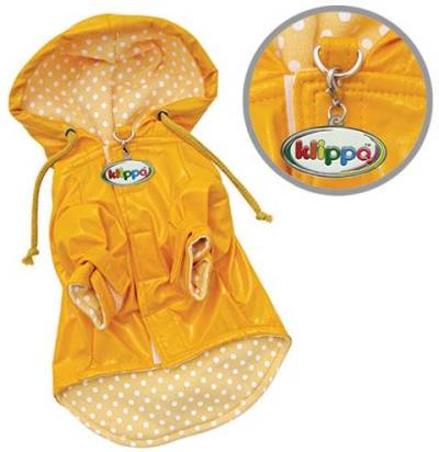 Klippo Polka Dots and Daisies Hooded Raincoat - Hooded raincoat with daisies on the back, and a soft cotton lining accented with white polka dots.   Velcro strips around each sleeve to prevent rain splashing into the sleeves.  A large D-ring for easy leash attachment.  Velcro chest closure, with a small D-ring near the neckline for a "Klippo" charm or ID tag.