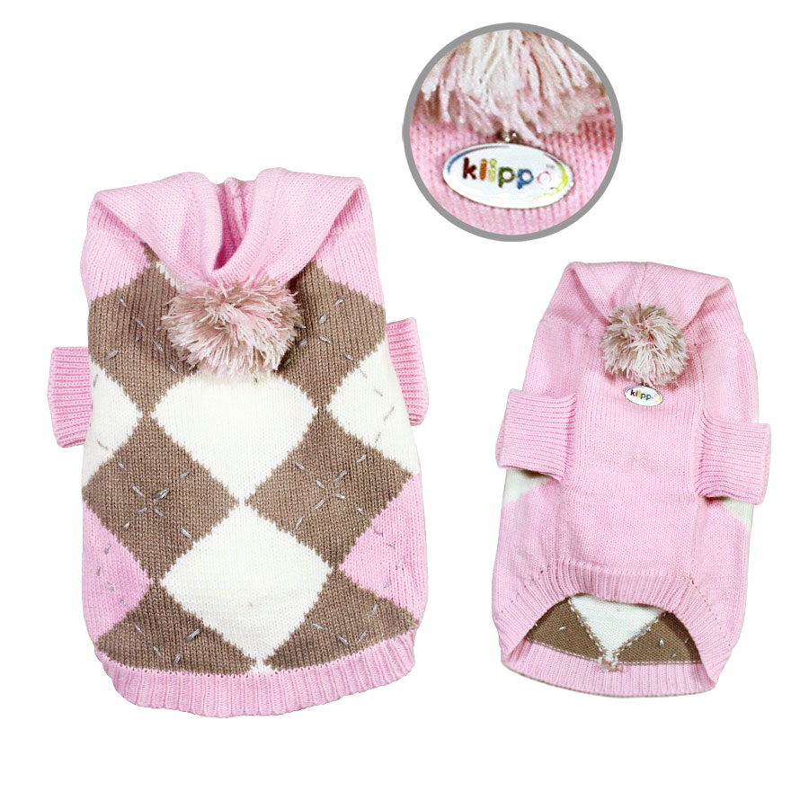 Klippo - Argyle Pattern Hoodie Sweater with Pompom - Adorable argyle pattern hoodie sweater, with fluffy pompom on the top of the hood.  Made with soft acrylic yarn.   A small D-Ring near the neckline for a "Klippo" charm or ID tag.