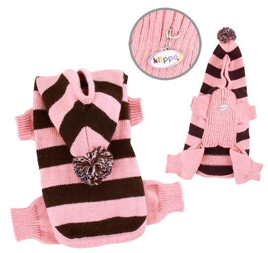 Klippo Pet - Stripy Bodysuit with Long Hoodie Pompom - Adorable stripy hoodie sweater bodysuit, with fluffy pompom on the top of the extended hood. Made with soft acrylic yarn. A small D-Ring attached near the neck area to add on a "Klippo" charm or ID tag! (Each outfit comes in its own Klippo logo charm.)