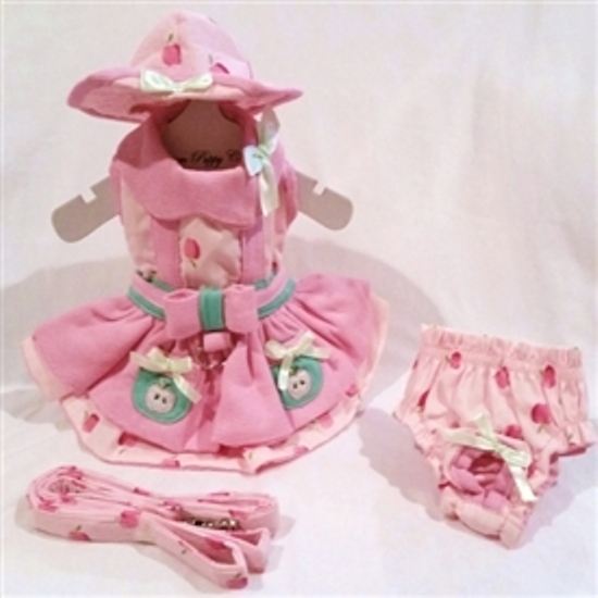 Platinum Puppy Couture - Apple Picking Harness Dress Set - This dress set is absolutely adorable. It has a unique jumper style. It is made with a candy pink fabric. The contrast fabric is light pink and has a sweet apple print on it. This dress has a double ruffle design. There are little green pockets that are embellished with apple embroidery and a little bow. There is an added D-ring for easy leash access. The set comes with harness dress; matching flip front hat, leash and matching panties.