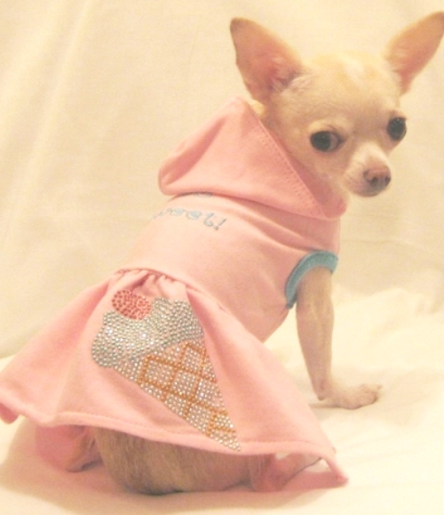 Platinum Puppy Couture - So Sweet Ice Cream Hoodie Dress - This unique hoodie dress is too cute!  Made in a light weight pink cotton fabric with snap front closure.  It is embroidered with "So Sweet" on the back.  In addition to the embroidery, there is a beautiful hot fix ice cream cone design.