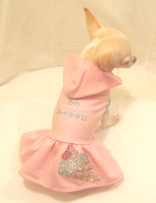 Platinum Puppy Couture - So Sweet Ice Cream Hoodie Dress - This unique hoodie dress is too cute!  Made in a light weight pink cotton fabric with snap front closure.  It is embroidered with "So Sweet" on the back.  In addition to the embroidery, there is a beautiful hot fix ice cream cone design.