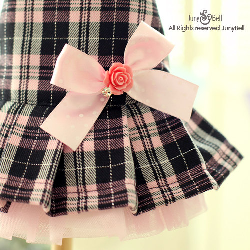 Juny Bell - Cindy Harness Dress with Matching Leash - This classic looking harness dress is made with silver threaded fabric and boasts a lovely bow brooch.  The two layered skirt is beautifully lined with sha fabric.  Velcro closures at neck and waist.  Includes matching leash.