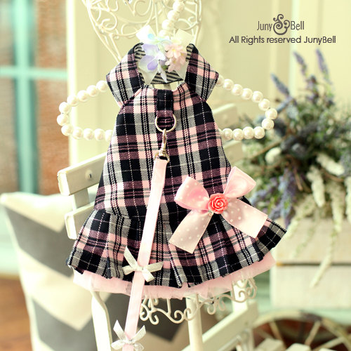 Juny Bell - Cindy Harness Dress with Matching Leash - This classic looking harness dress is made with silver threaded fabric and boasts a lovely bow brooch.  The two layered skirt is beautifully lined with sha fabric.  Velcro closures at neck and waist.  Includes matching leash.