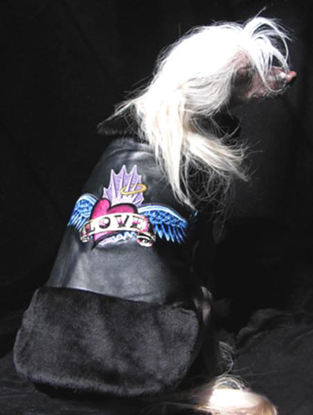 Fairytail Couture - Love Wings Tattoo Embroidered Black Leather Dog Coat - Embroidered heart & wings tattoo design on a buttery soft genuine leather dog coat.  Plush faux fur collar, bottom trim, and lining.  Velcro closure.