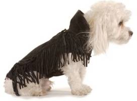 Psychedelic Fur - Woofstock Jacket in Black Suede - Very soft real suede jacket with trendy Western fringe -just like your favorite jacket from the 70s.  Yummy fleece lining.  Easy on and off with velcro closure at neck and chest.  Convenient slot for harness/leash between shoulders.