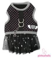 Pinkaholic New York - Little Angel Flirt Harness - Black with pink polka dot pattern, with silver glittery hearts on a mesh skirt.  D-rings for easy leash attachment, with Velcro  closures at neckline and chest.  Cotton/poly blend.