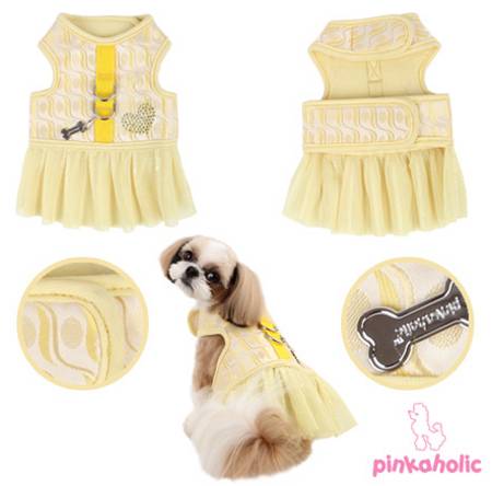 Pinkaholic New York - Naava Flirt Harness in Pink or Yellow - The body of the harness is slightly padded for comfort, accented with a studded heart.  The attached skirt is a double layer mesh with clear sequin accented lines.  Double D-ring for secure leash attachment.  Adjustable Velcro closure tabs at neck and chest.  Cotton/poly blend. 